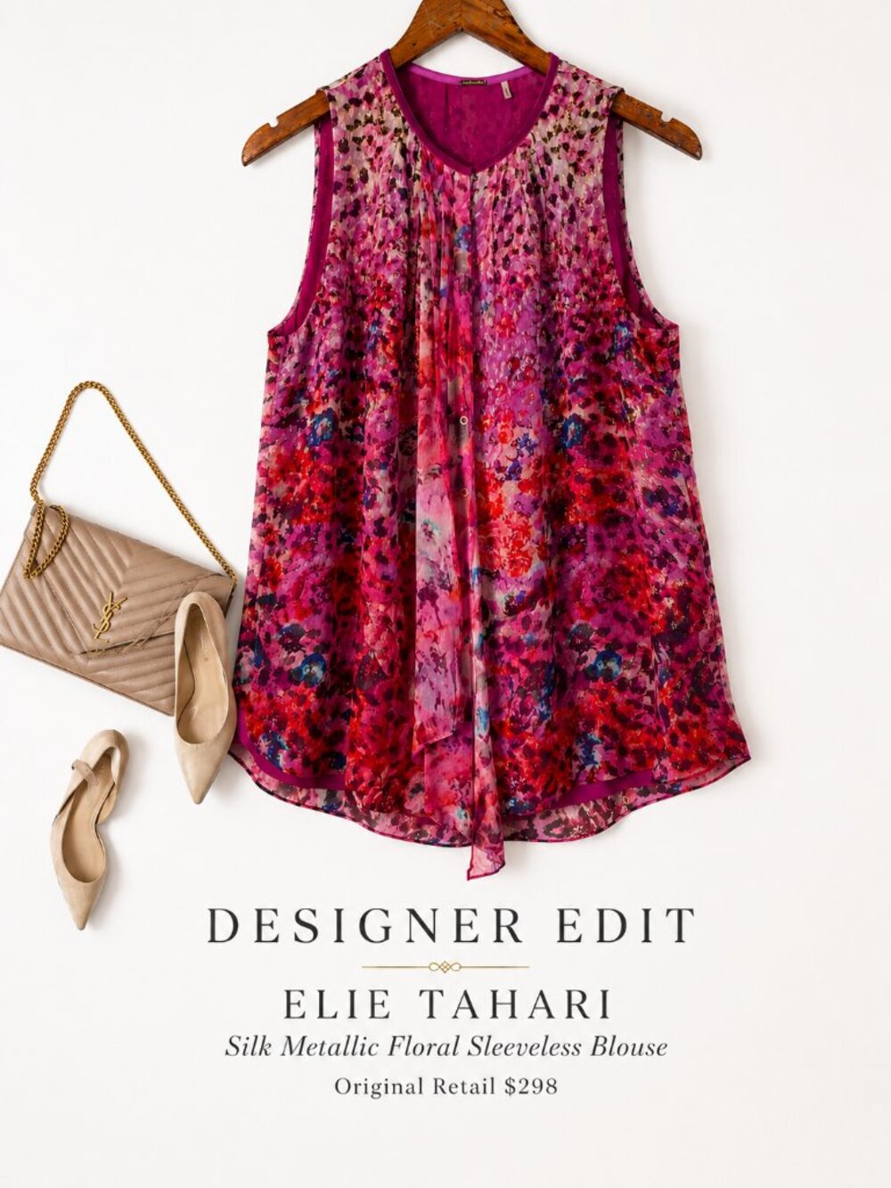 Elie Tahari Silk Metallic Floral Sleeveless Blouse Pink Snap Front M
